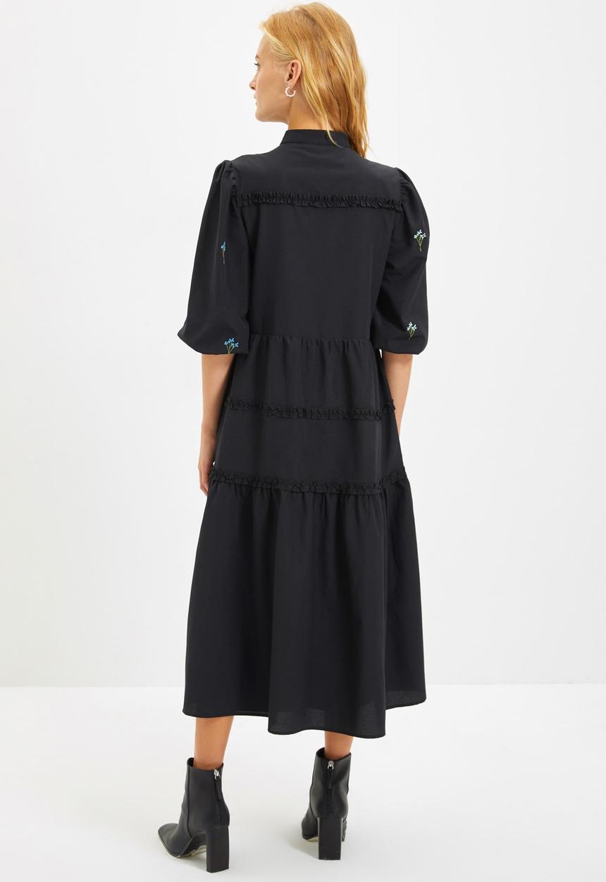 Trendyol - Embroidered ruffle detailed dress - black