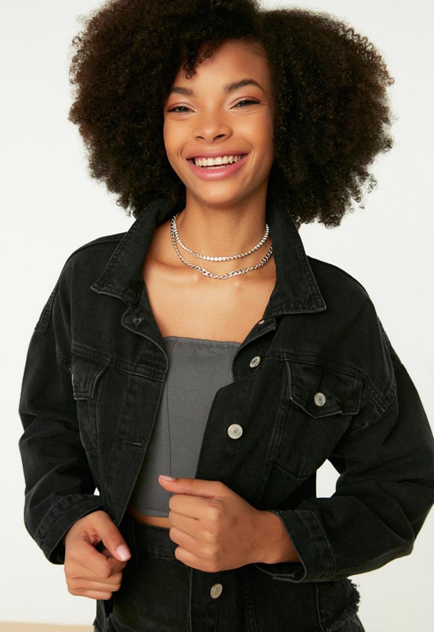Trendyol - Frayed hem crop denim jacket - black