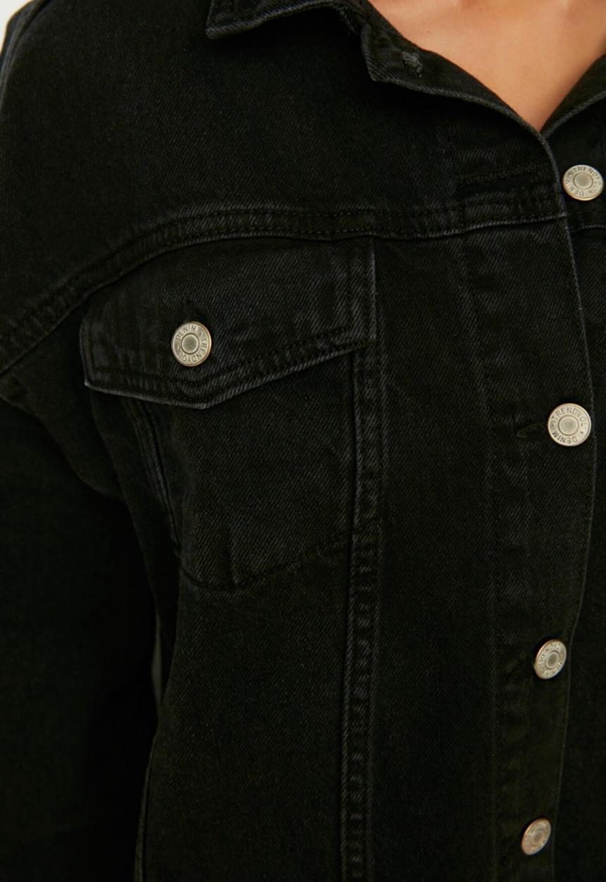 Trendyol - Frayed hem crop denim jacket - black