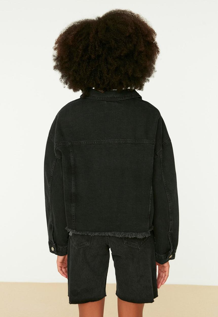Trendyol - Frayed hem crop denim jacket - black