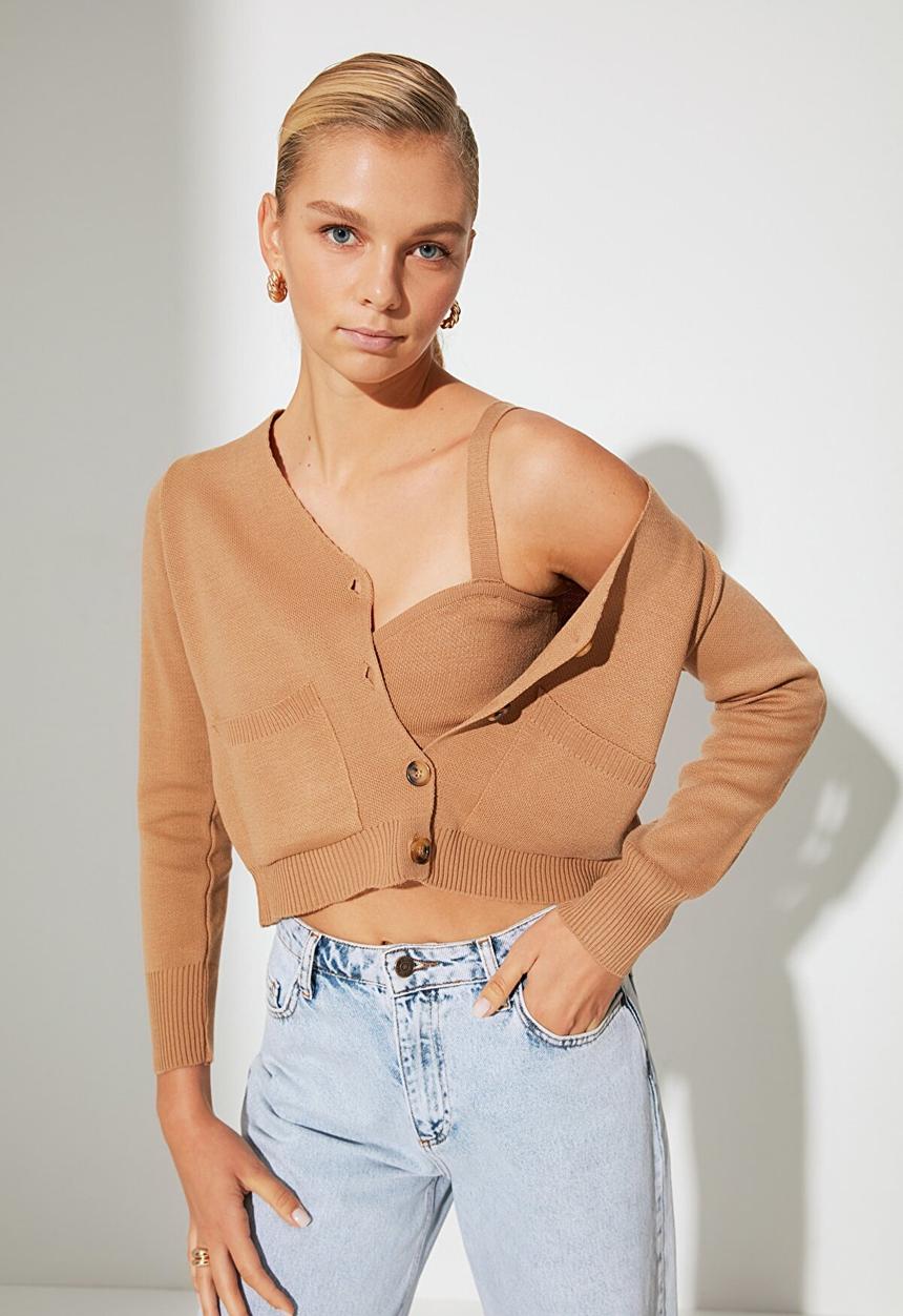 Trendyol - Pocket detailed knitwear cardigan - camel