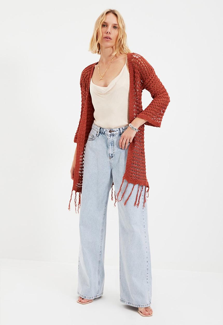 Trendyol - Long openwork tasseled knitwear cardigan cardigan - brick