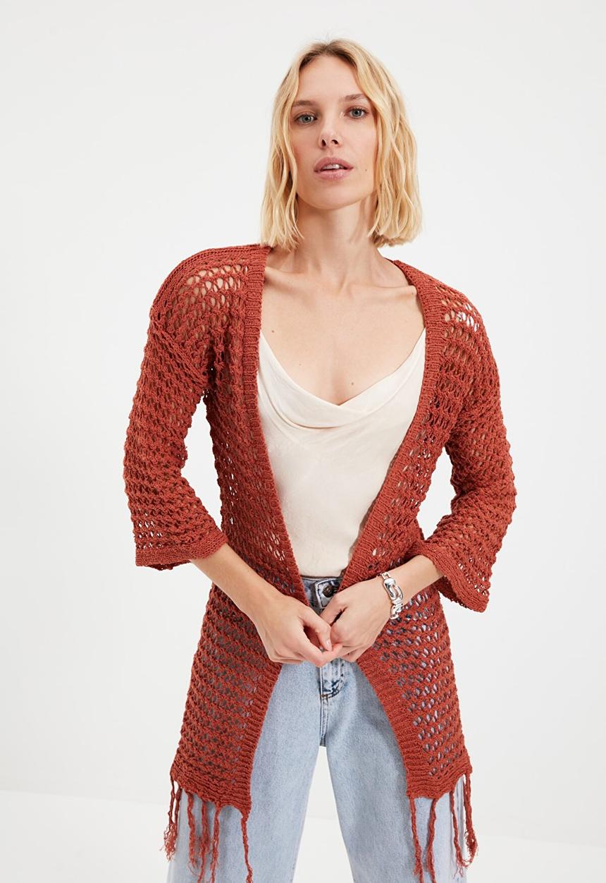 Trendyol - Long openwork tasseled knitwear cardigan cardigan - brick