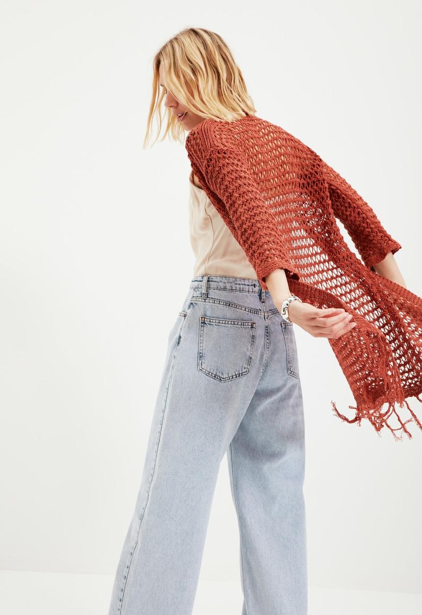 Trendyol - Long openwork tasseled knitwear cardigan cardigan - brick