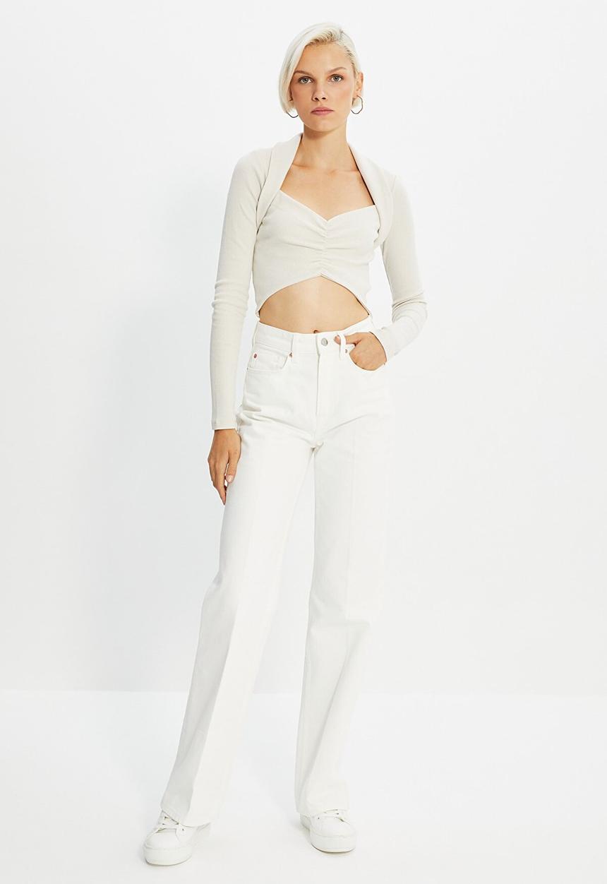 Trendyol - Pleated crop knitted blouse - ecru