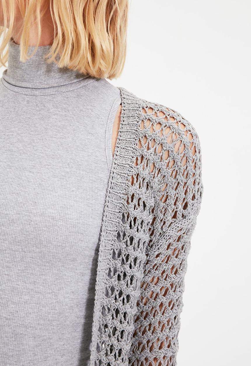 Trendyol - Long openwork tasseled knitwear cardigan cardigan - grey