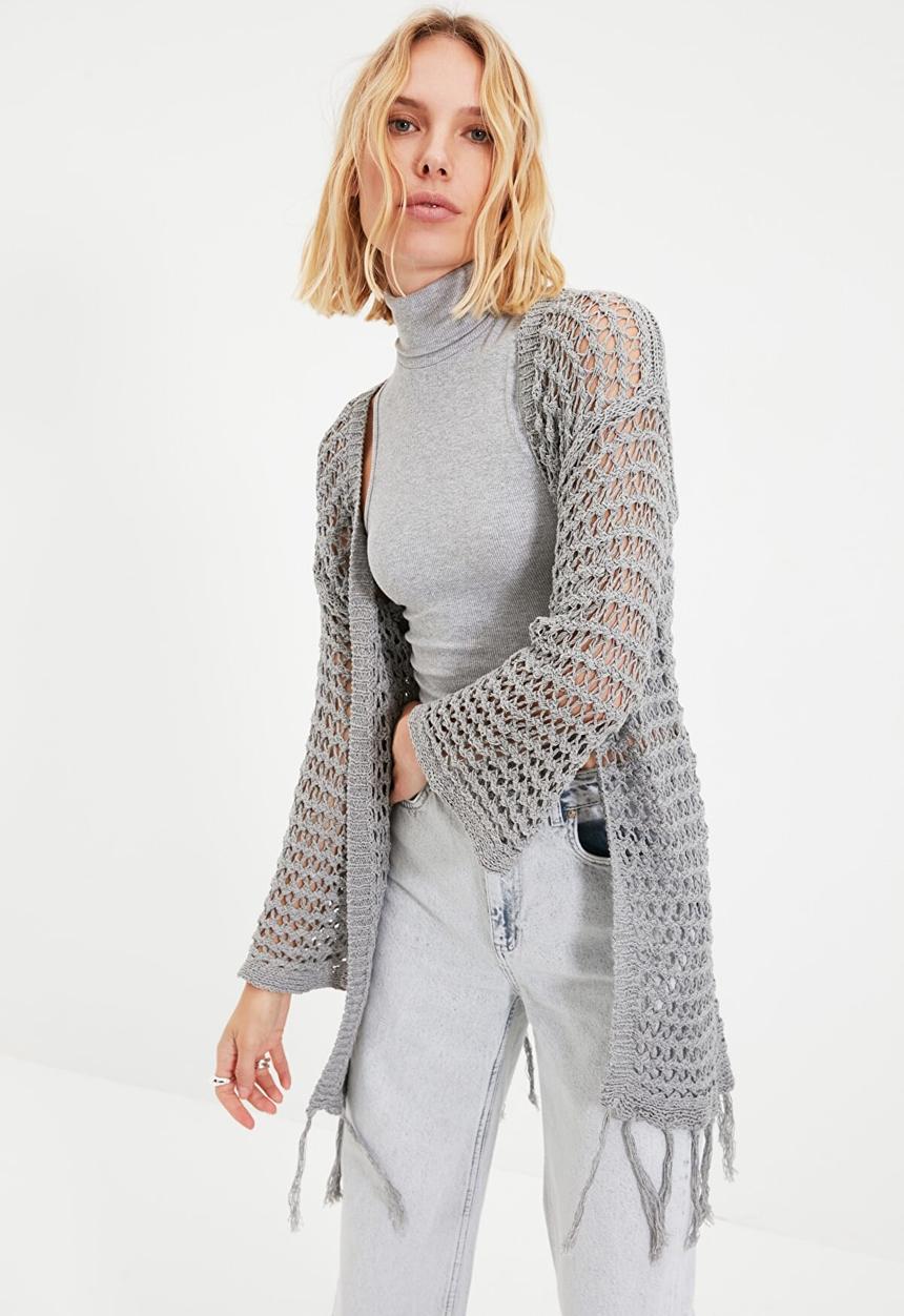 Trendyol - Long openwork tasseled knitwear cardigan cardigan - grey