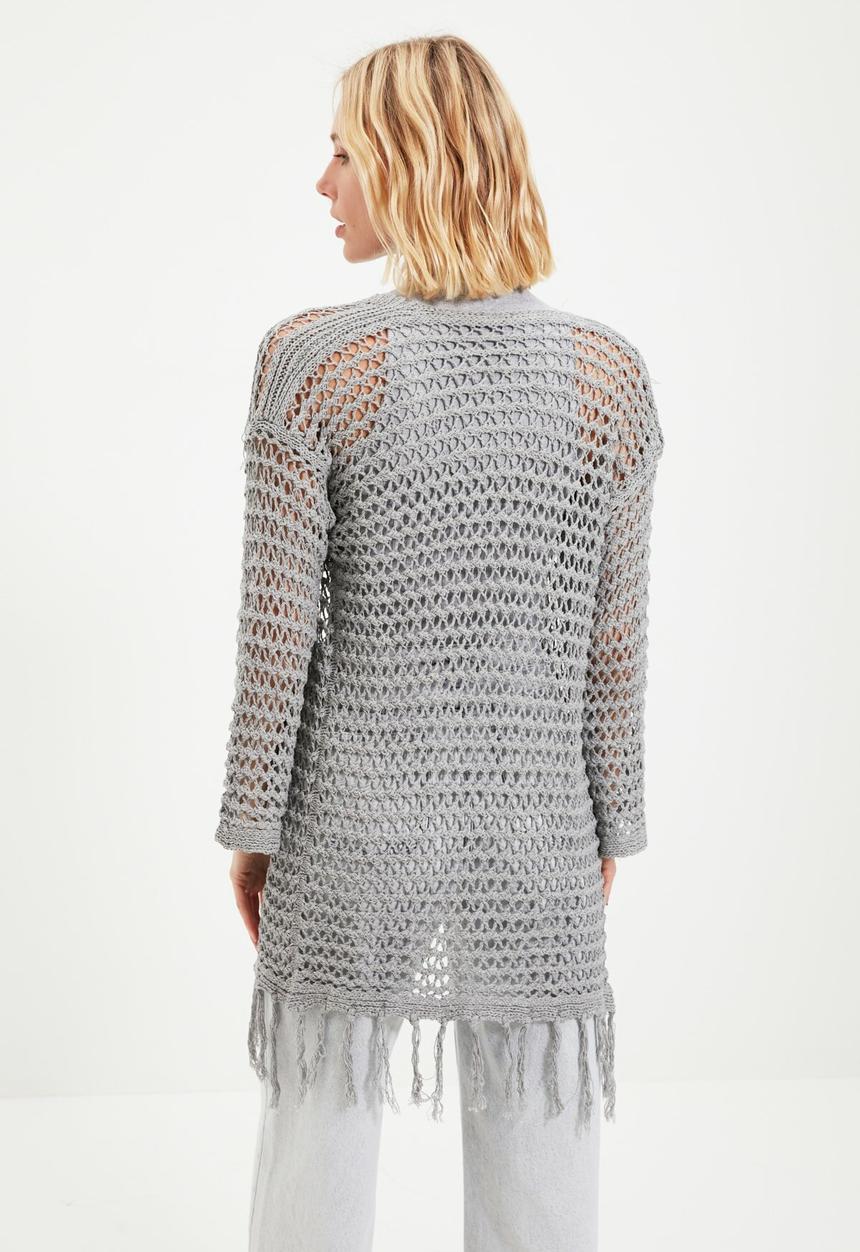 Trendyol - Long openwork tasseled knitwear cardigan cardigan - grey