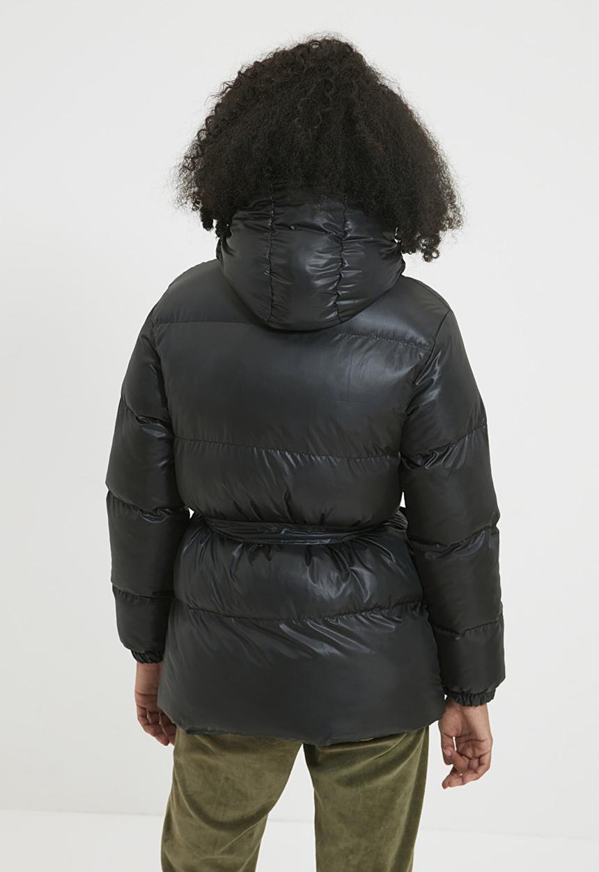 Trendyol - Hooded pocket detailed belted coat  - black
