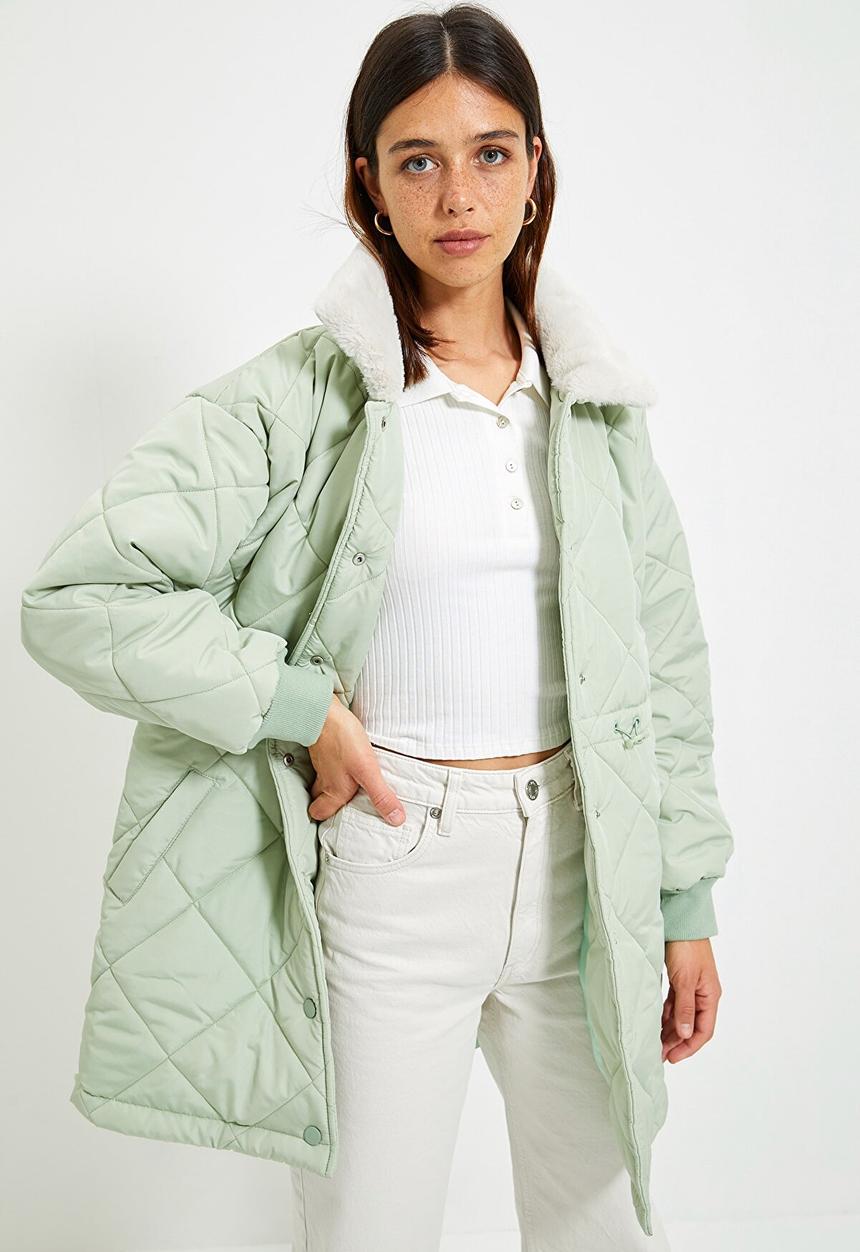 Trendyol - Collar plush detailed snap closure coat  - mint