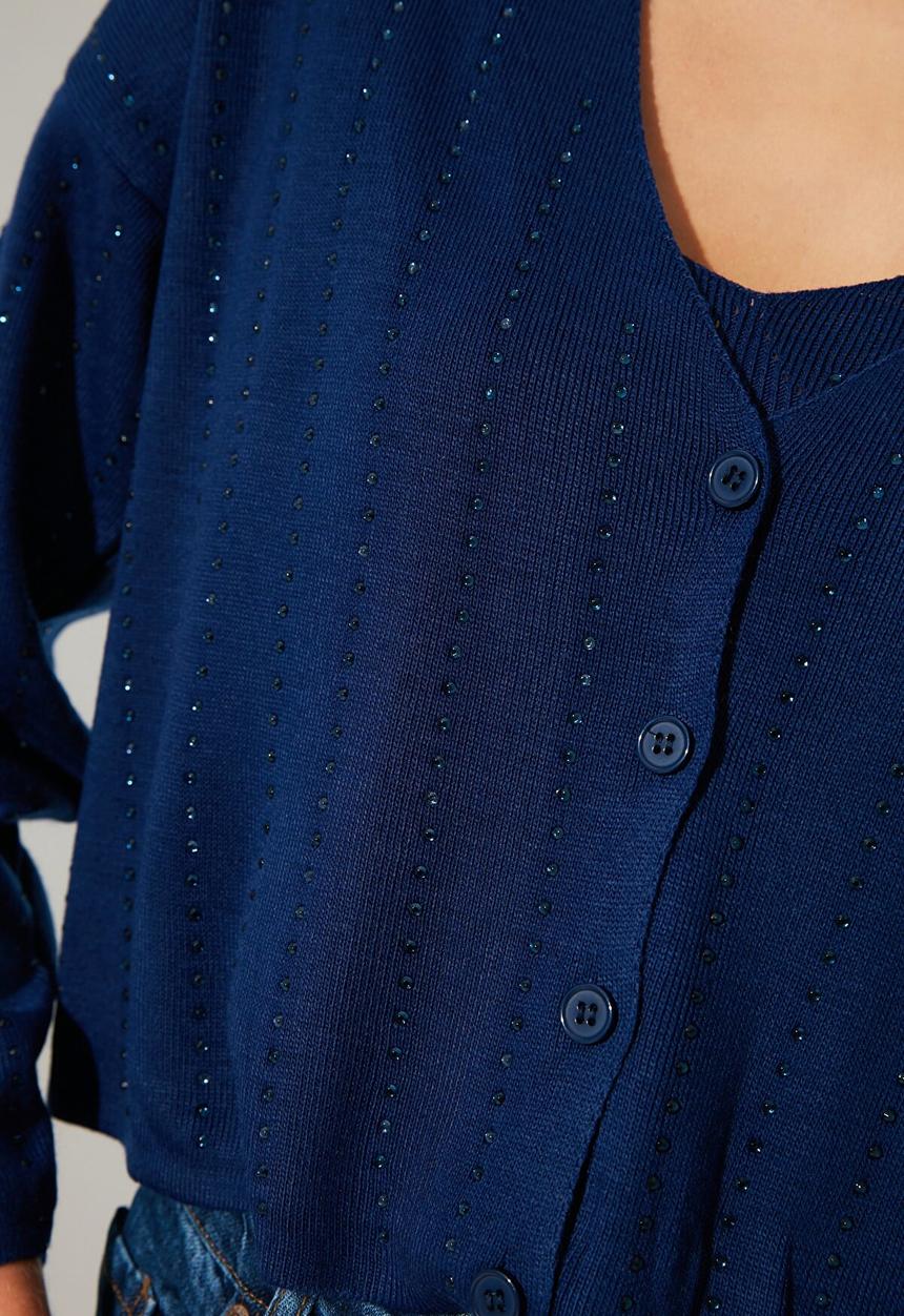 Trendyol - Crop blouse cardigan knitwear suit - navy
