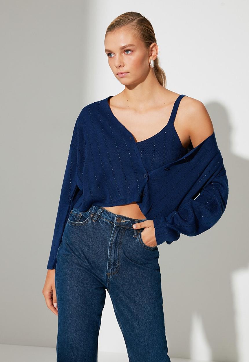 Trendyol - Crop blouse cardigan knitwear suit - navy