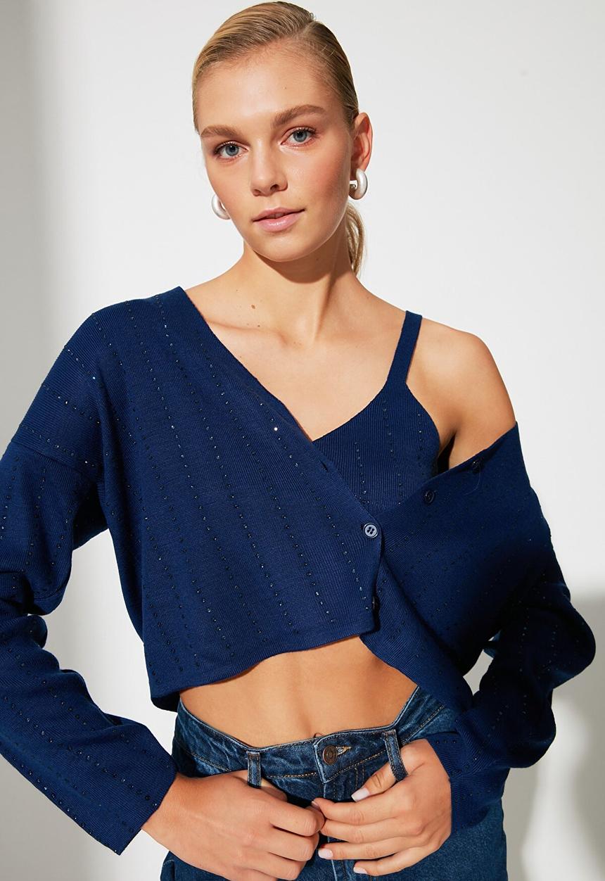 Trendyol - Crop blouse cardigan knitwear suit - navy