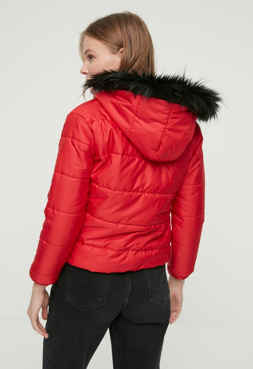 Trendyol - Fur hooded puffer jacket - red
