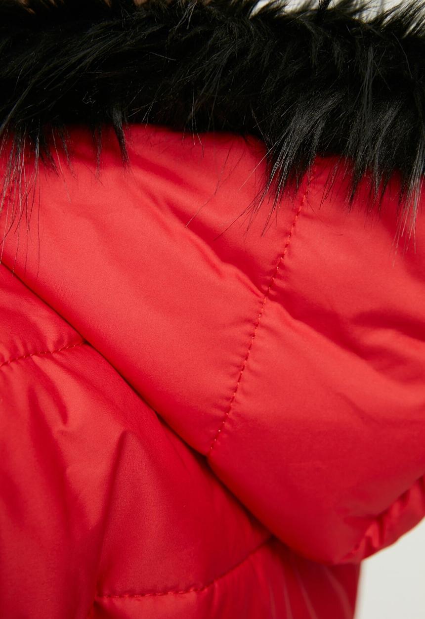 Trendyol - Fur hooded puffer jacket - red