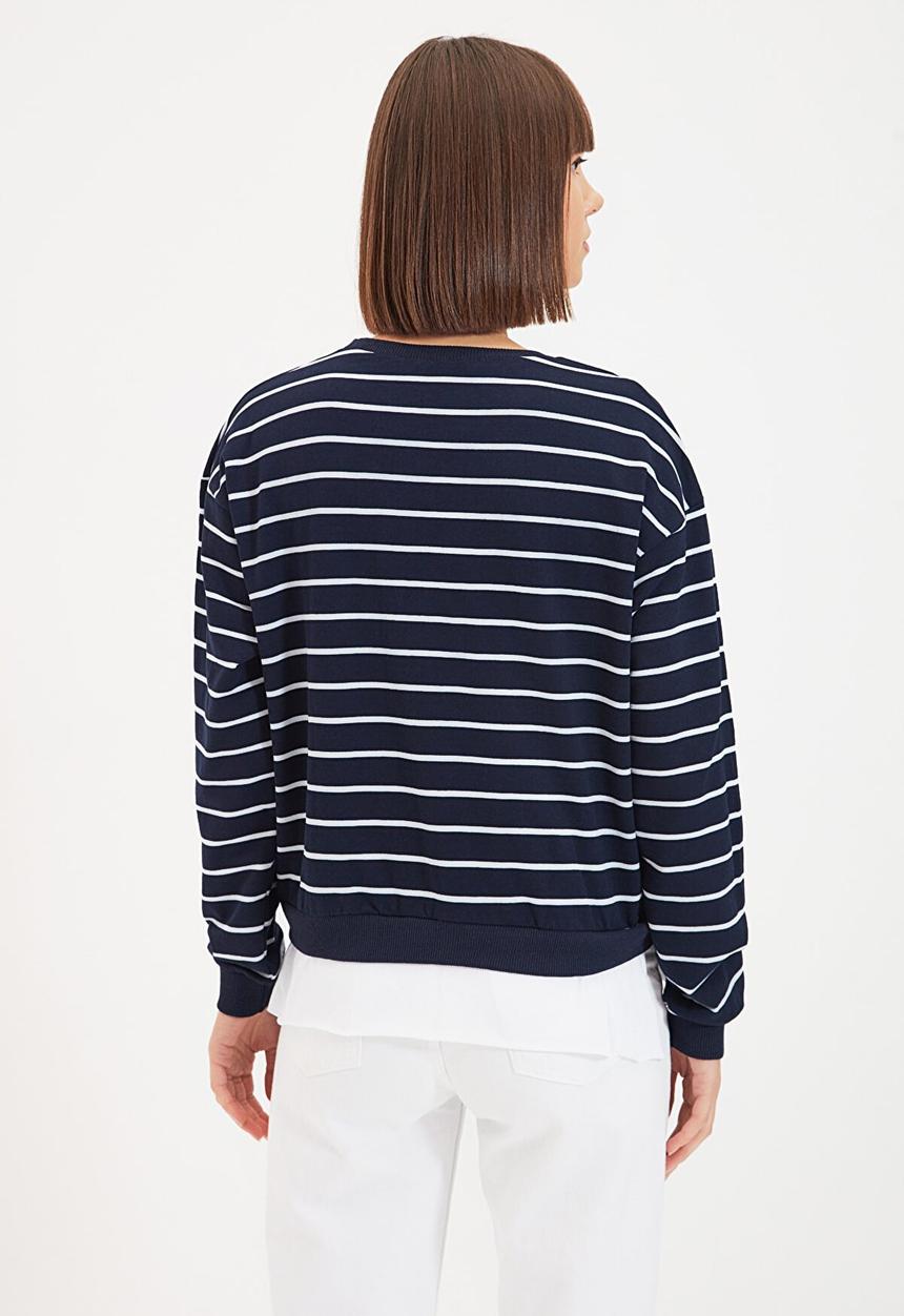 Trendyol - Striped basic knit slim thin sweatshirt - navy & white 