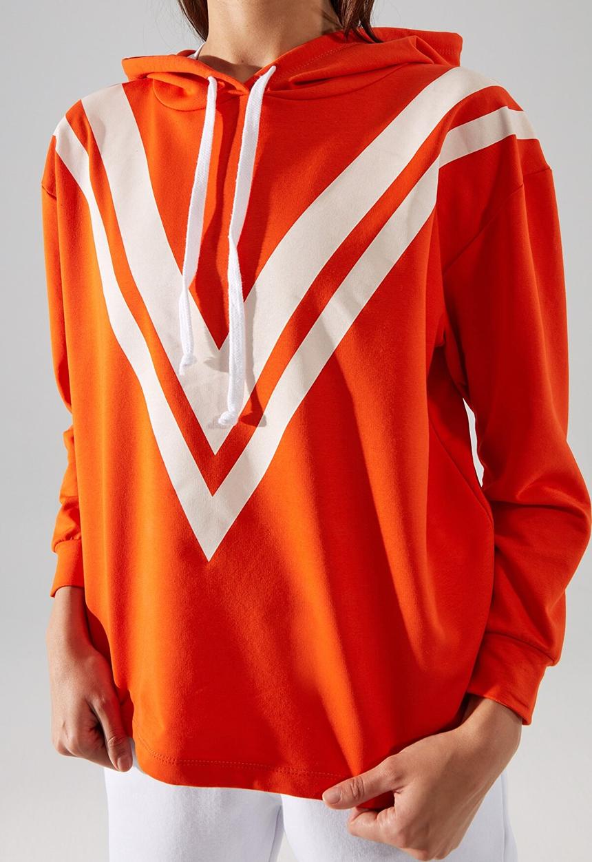 Trendyol - Printed and hooded sporty slim sweatshirt - orange