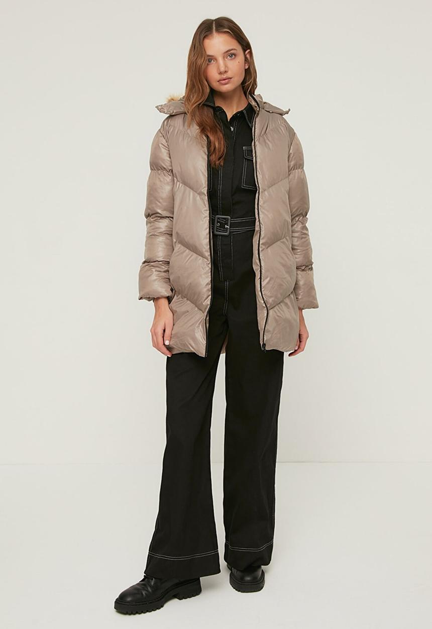 Trendyol - Fur hooded puffer  coat - mink