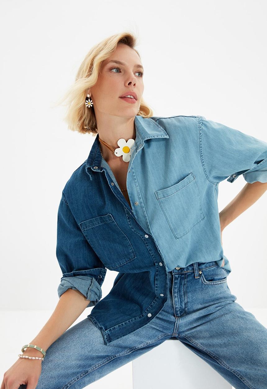 Trendyol - Color block oversize denim shirt - blue