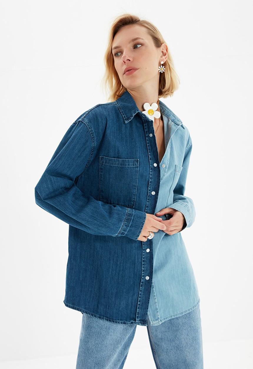 Trendyol - Color block oversize denim shirt - blue