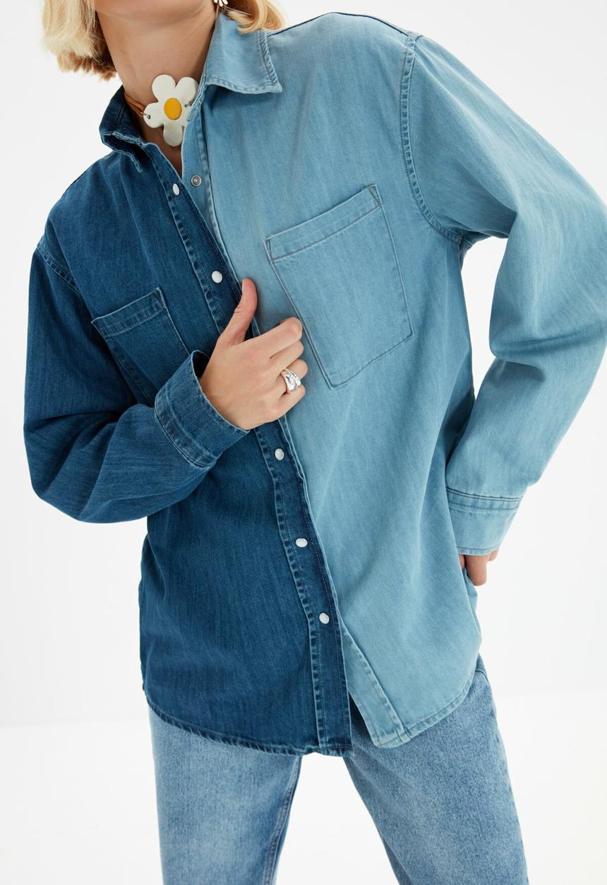 Trendyol - Color block oversize denim shirt - blue
