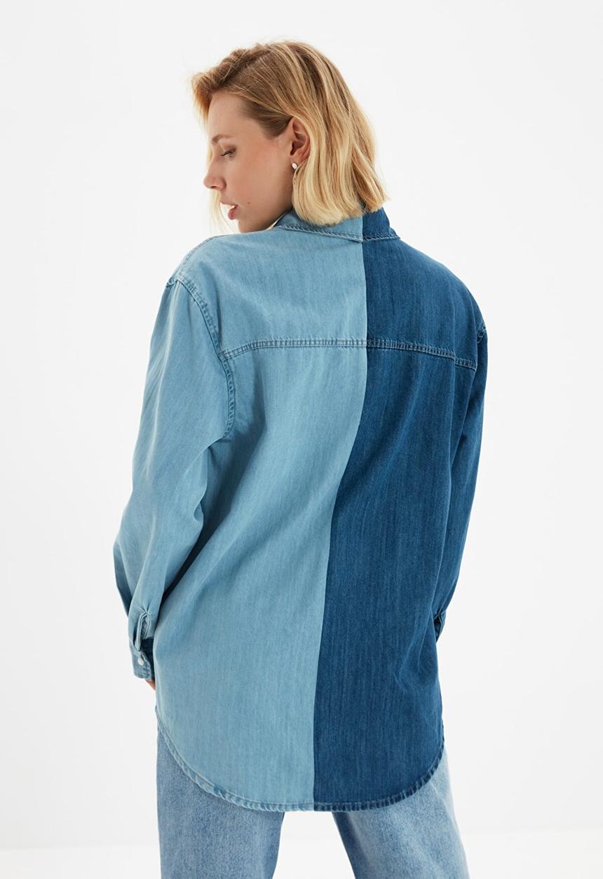 Trendyol - Color block oversize denim shirt - blue
