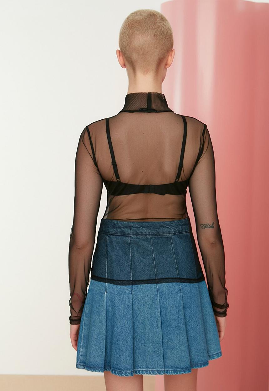 Trendyol - Stand up collar tulle knitted l/s top - black