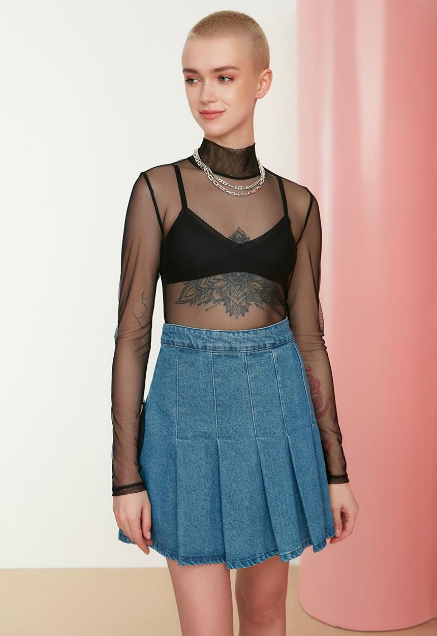 Trendyol - Stand up collar tulle knitted l/s top - black