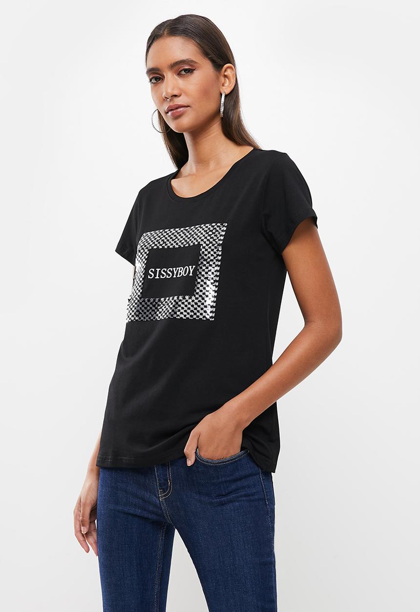 SISSY BOY - Basic round neck loose boxy short sleeve top with mixed plain print and sequin logo - black