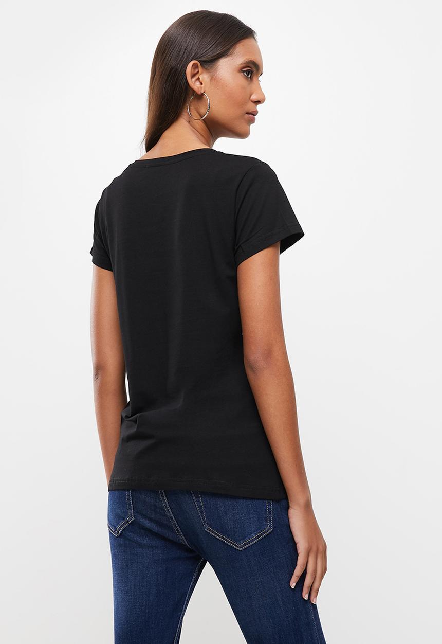 SISSY BOY - Basic round neck loose boxy short sleeve top with mixed plain print and sequin logo - black