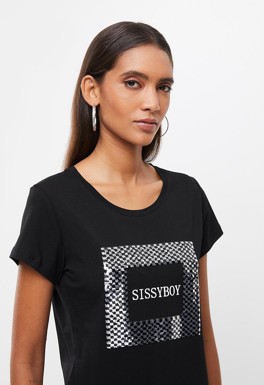SISSY BOY - Basic round neck loose boxy short sleeve top with mixed plain print and sequin logo - black