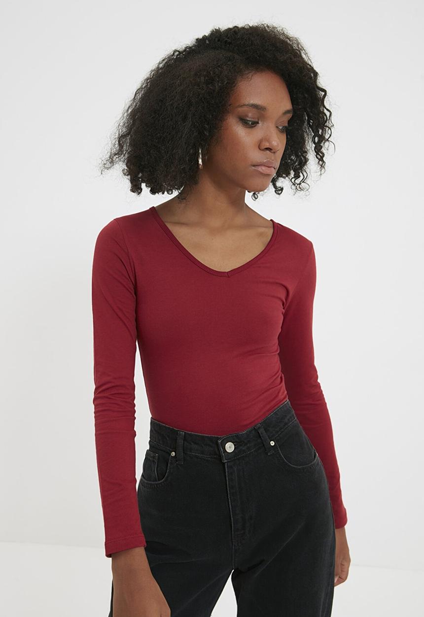 Trendyol - V-neck knitted bodysuit - burgundy