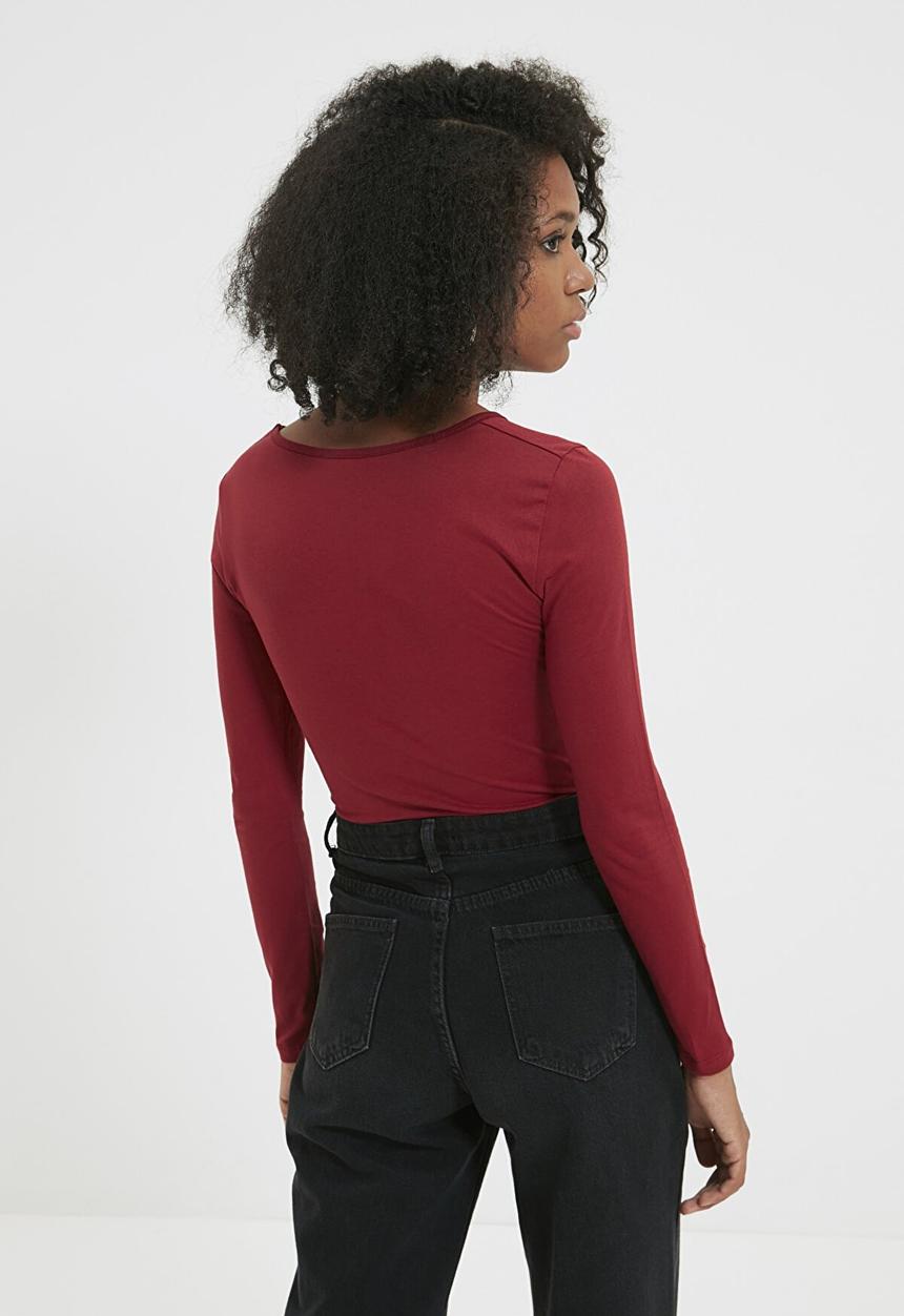 Trendyol - V-neck knitted bodysuit - burgundy