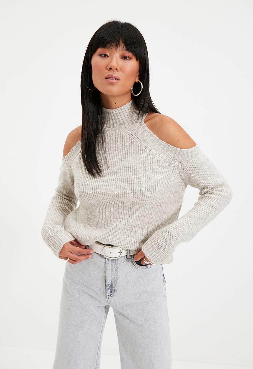 Trendyol - Silvery cut-out detailed knitwear sweater - stone