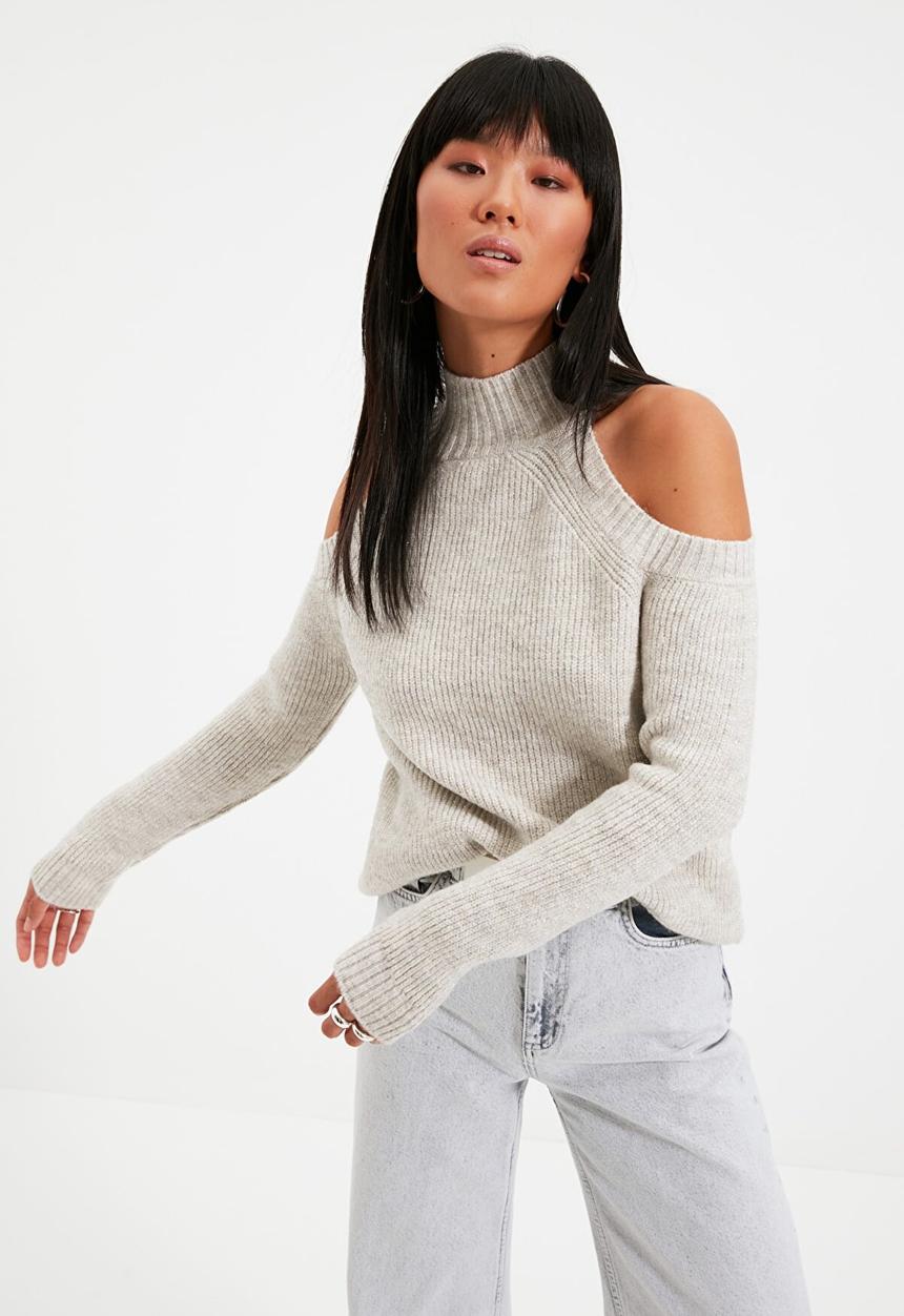 Trendyol - Silvery cut-out detailed knitwear sweater - stone
