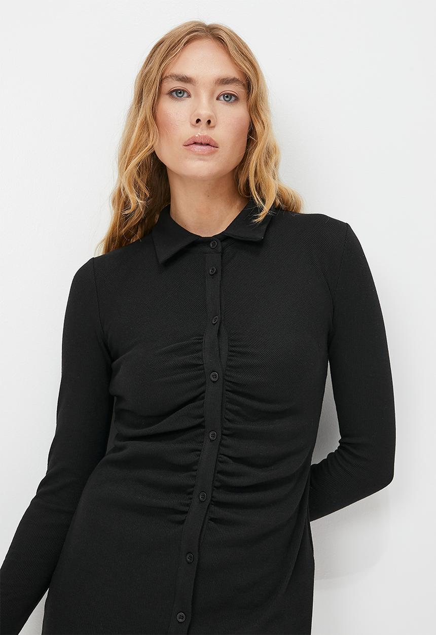 Blake - Ruched front button down mini dress - black