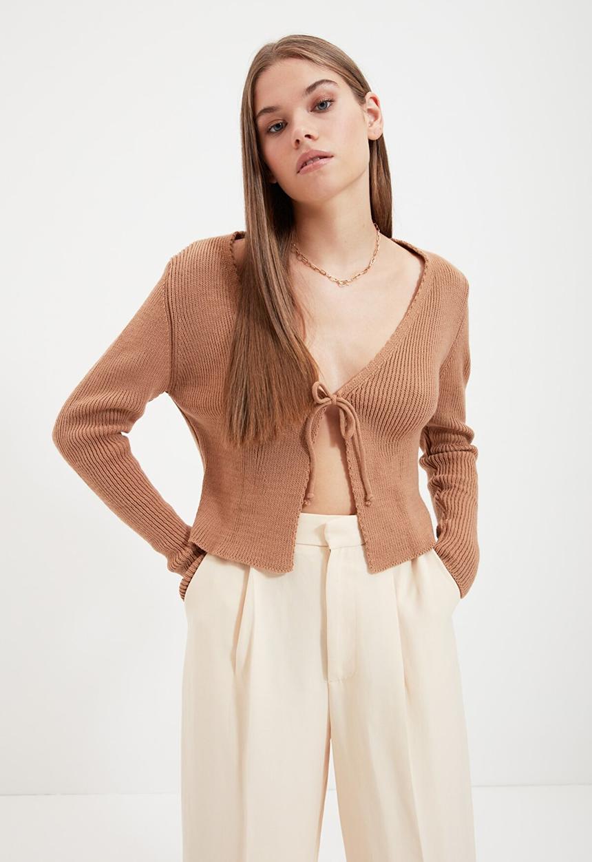 Trendyol - Tie detailed knitwear cardigan - camel