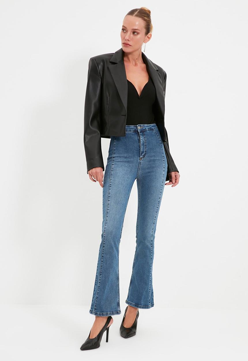 Trendyol - Stitch detail high waist flare jeans - blue