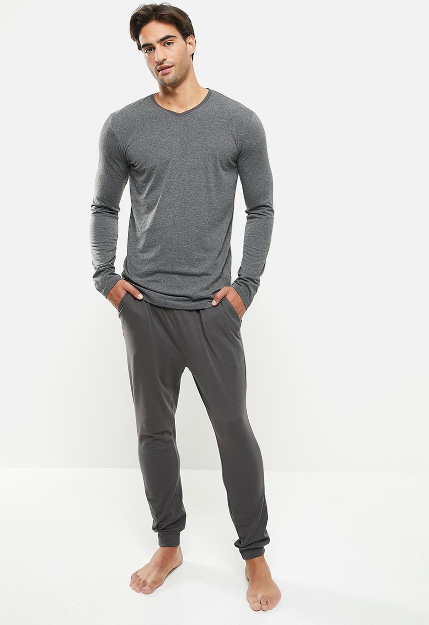 Superbalist - Slim fit stretch knit long sleeve sleep set - charcoal 