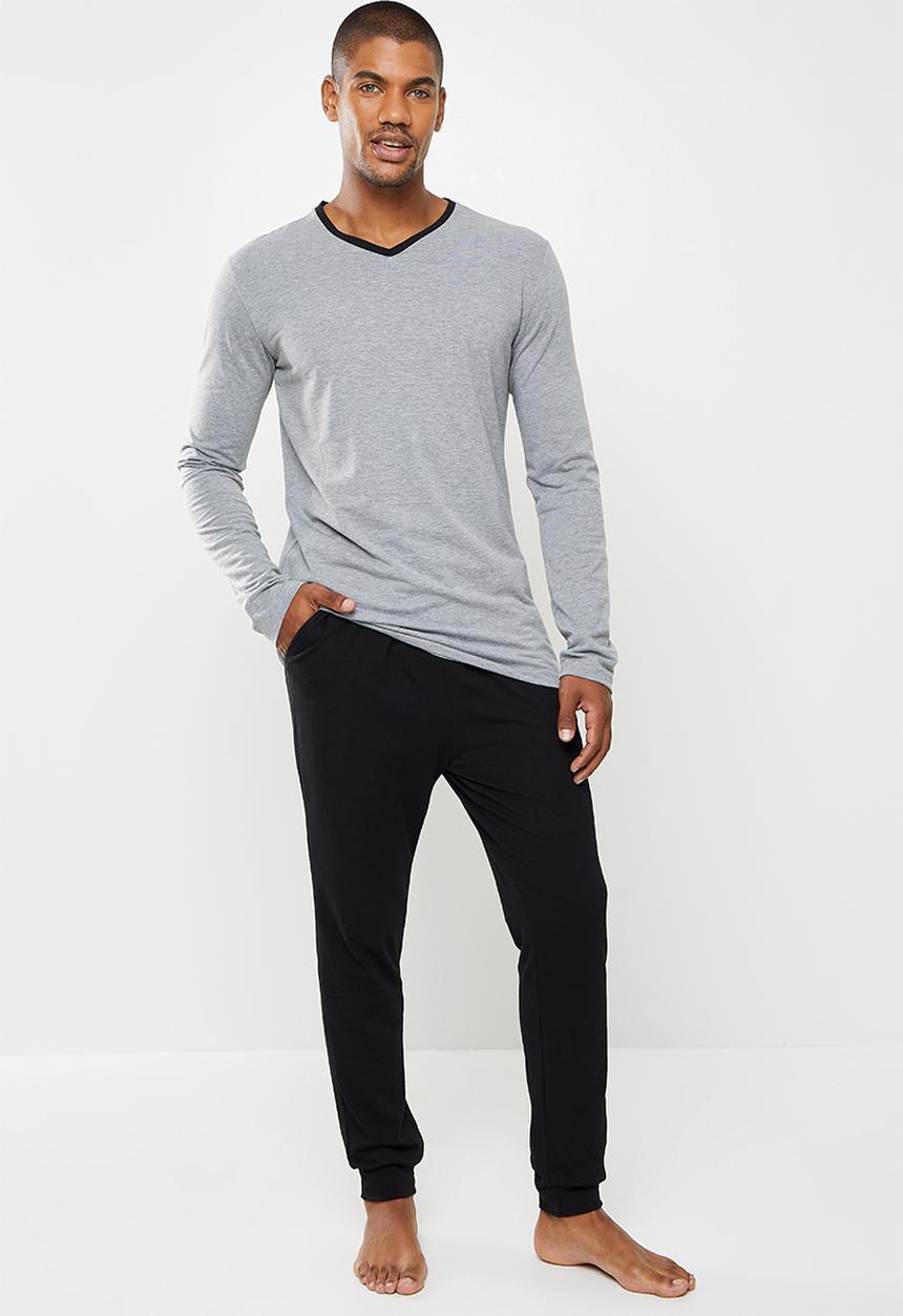 Superbalist - Slim fit stretch knit long sleeve sleep set - grey & black