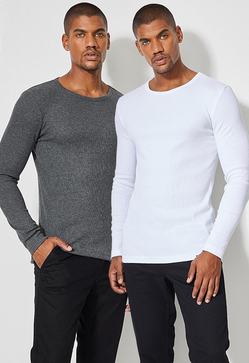Superbalist - 2-Pack brando l/s muscle fit crew neck tee - white & charcoal melange
