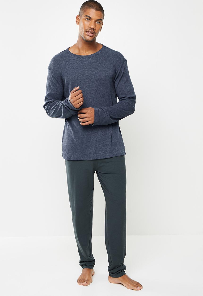 Superbalist - Premium ribbed crew neck  & lounge pant sleep set - navy melage & atlantic grey
