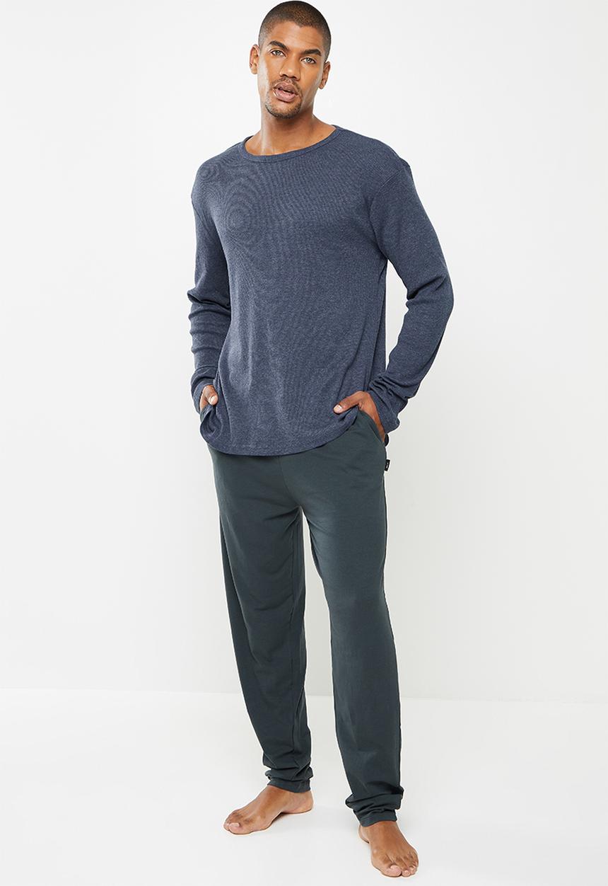 Superbalist - Premium ribbed crew neck  & lounge pant sleep set - navy melage & atlantic grey