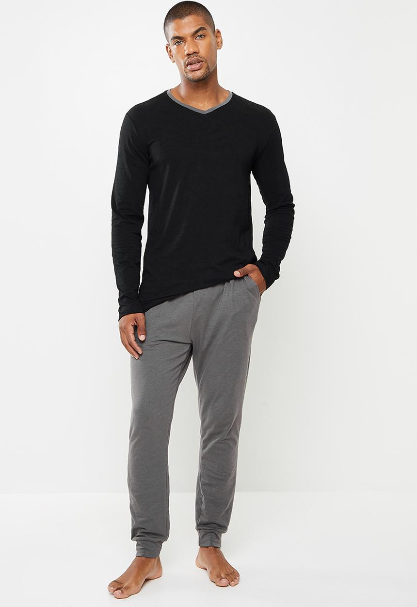 Superbalist - Slim fit stretch knit long sleeve sleep set - black & grey