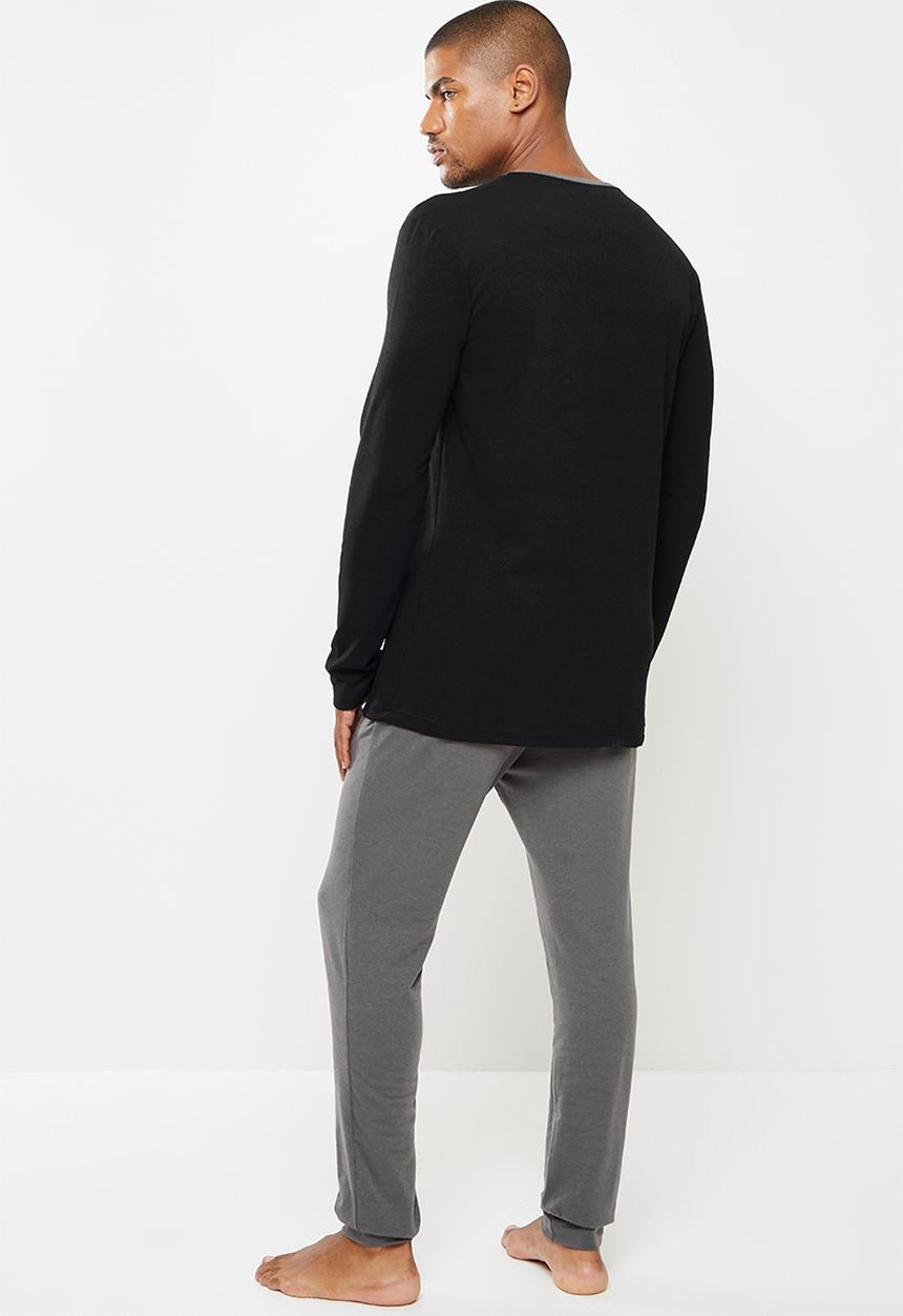 Superbalist - Slim fit stretch knit long sleeve sleep set - black & grey