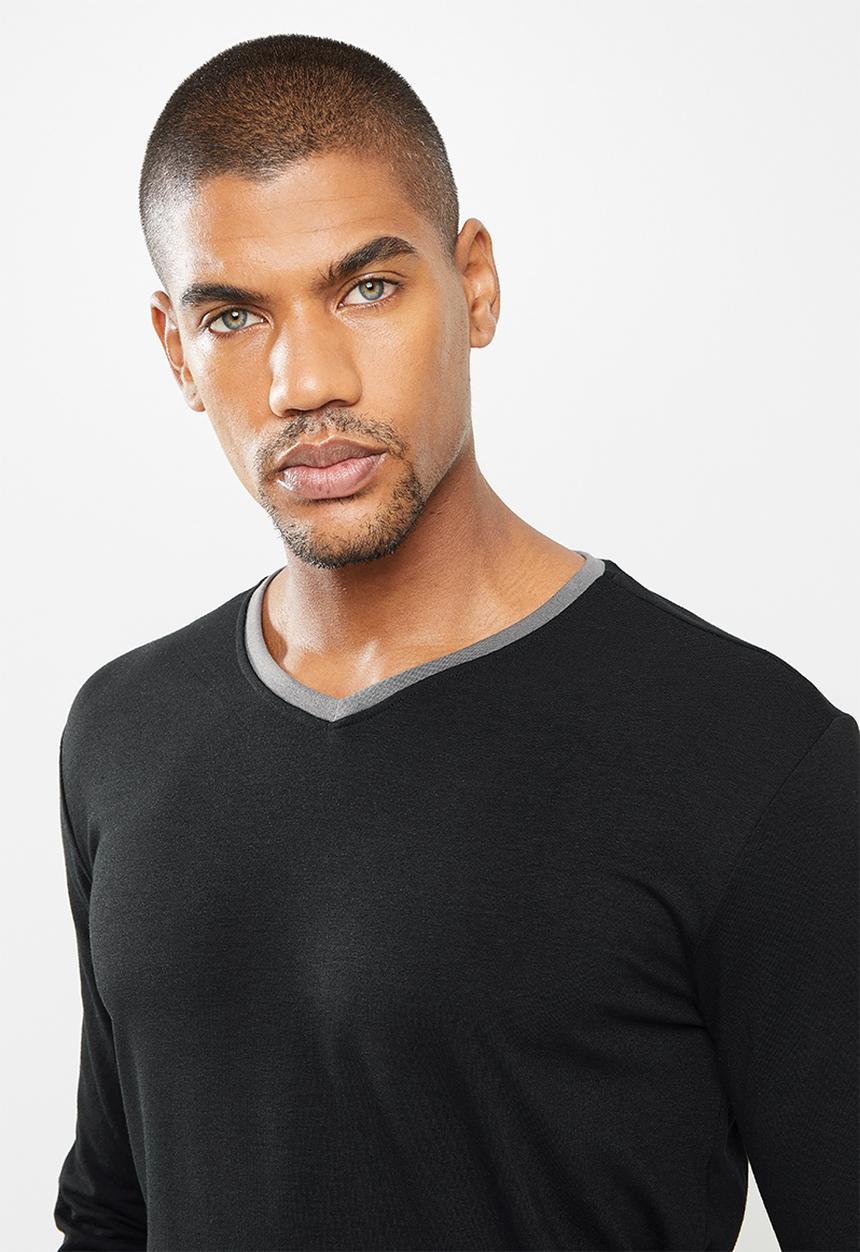 Superbalist - Slim fit stretch knit long sleeve sleep set - black & grey