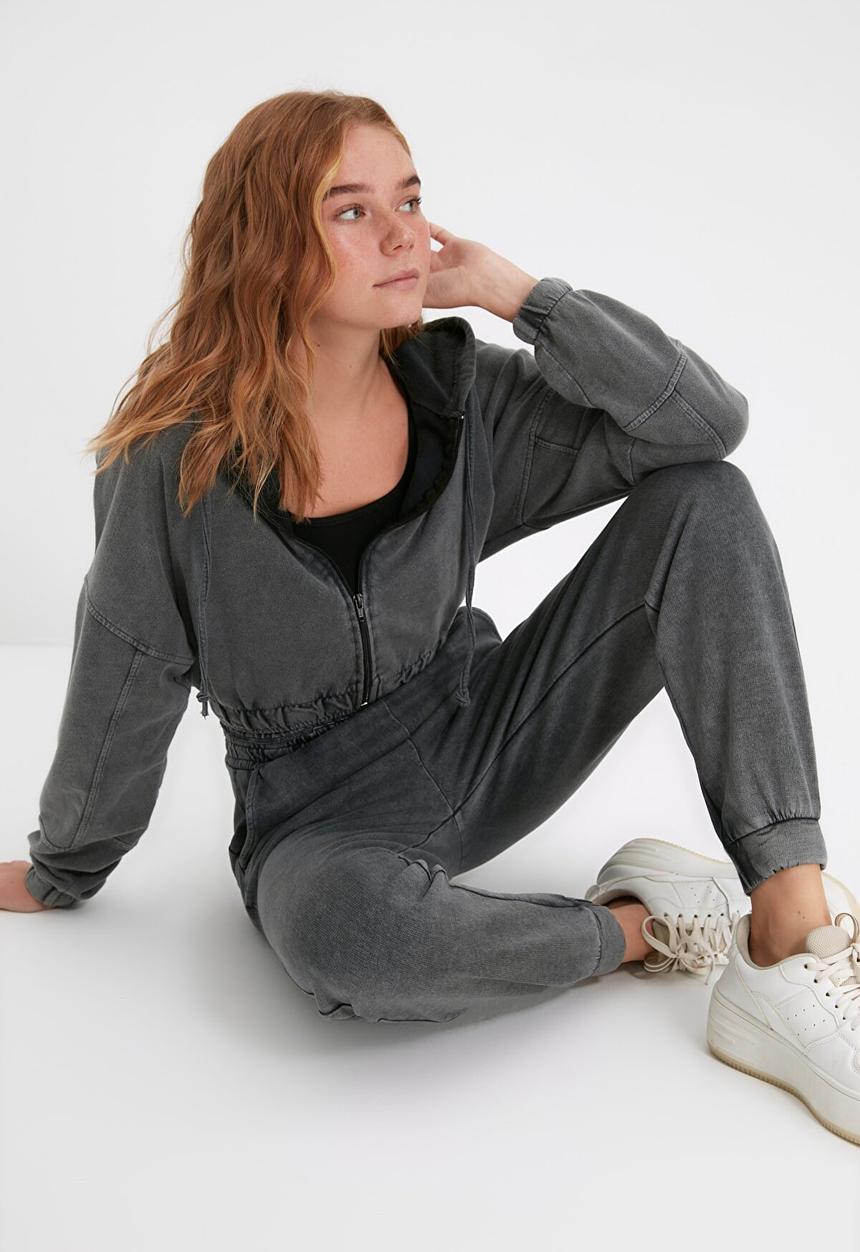 Trendyol - Hooded washed crop thin knitted sweatshirt - grey