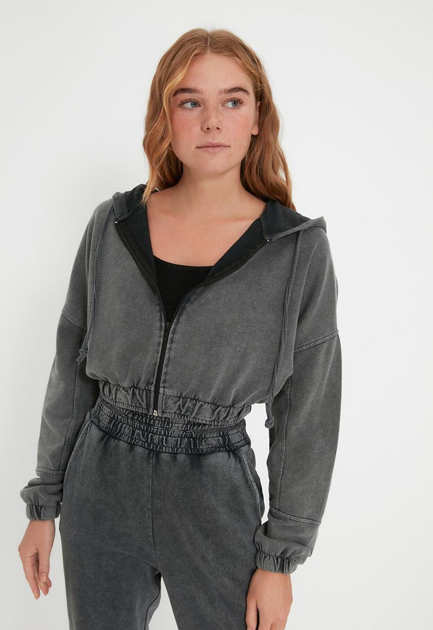 Trendyol - Hooded washed crop thin knitted sweatshirt - grey
