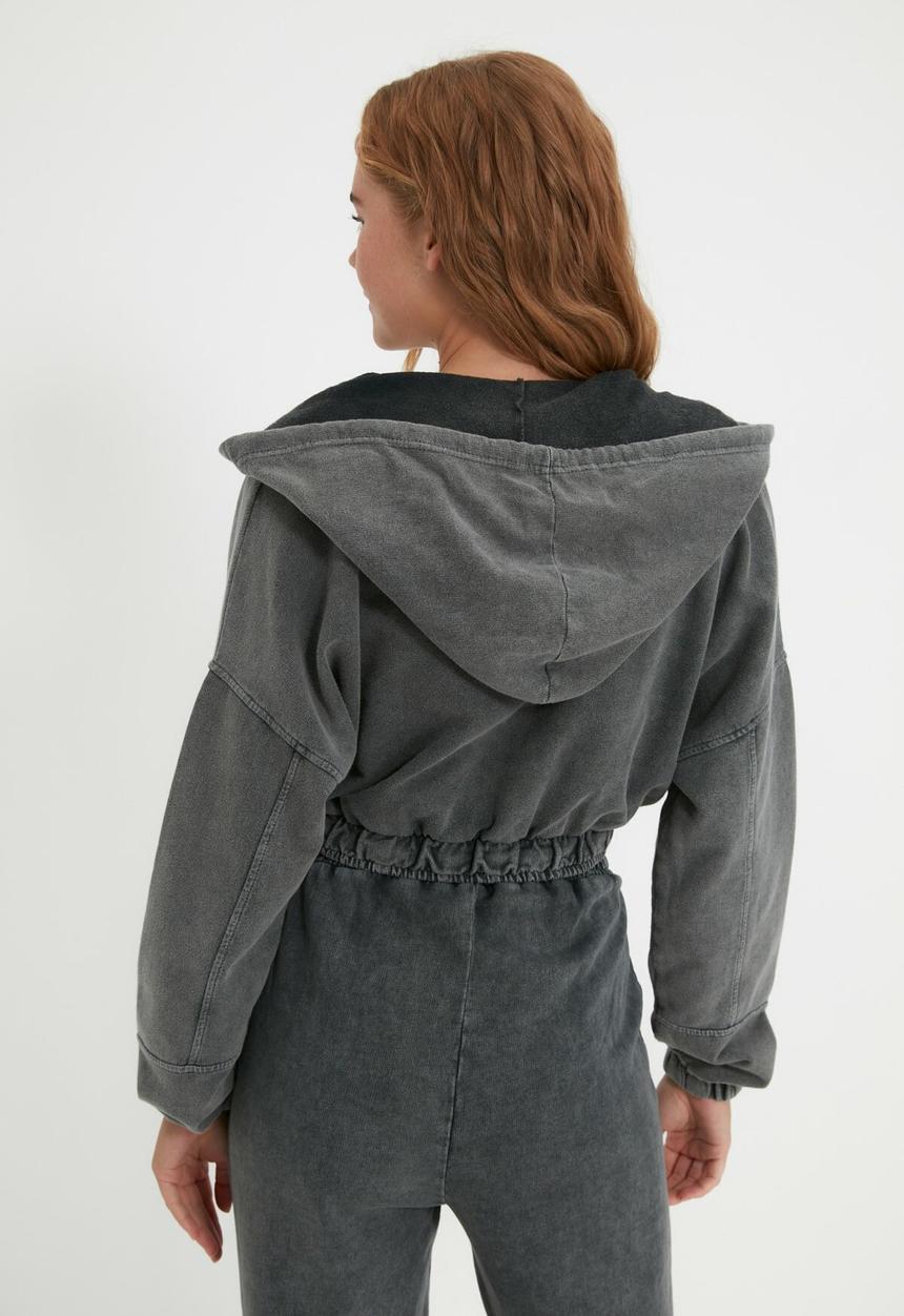 Trendyol - Hooded washed crop thin knitted sweatshirt - grey