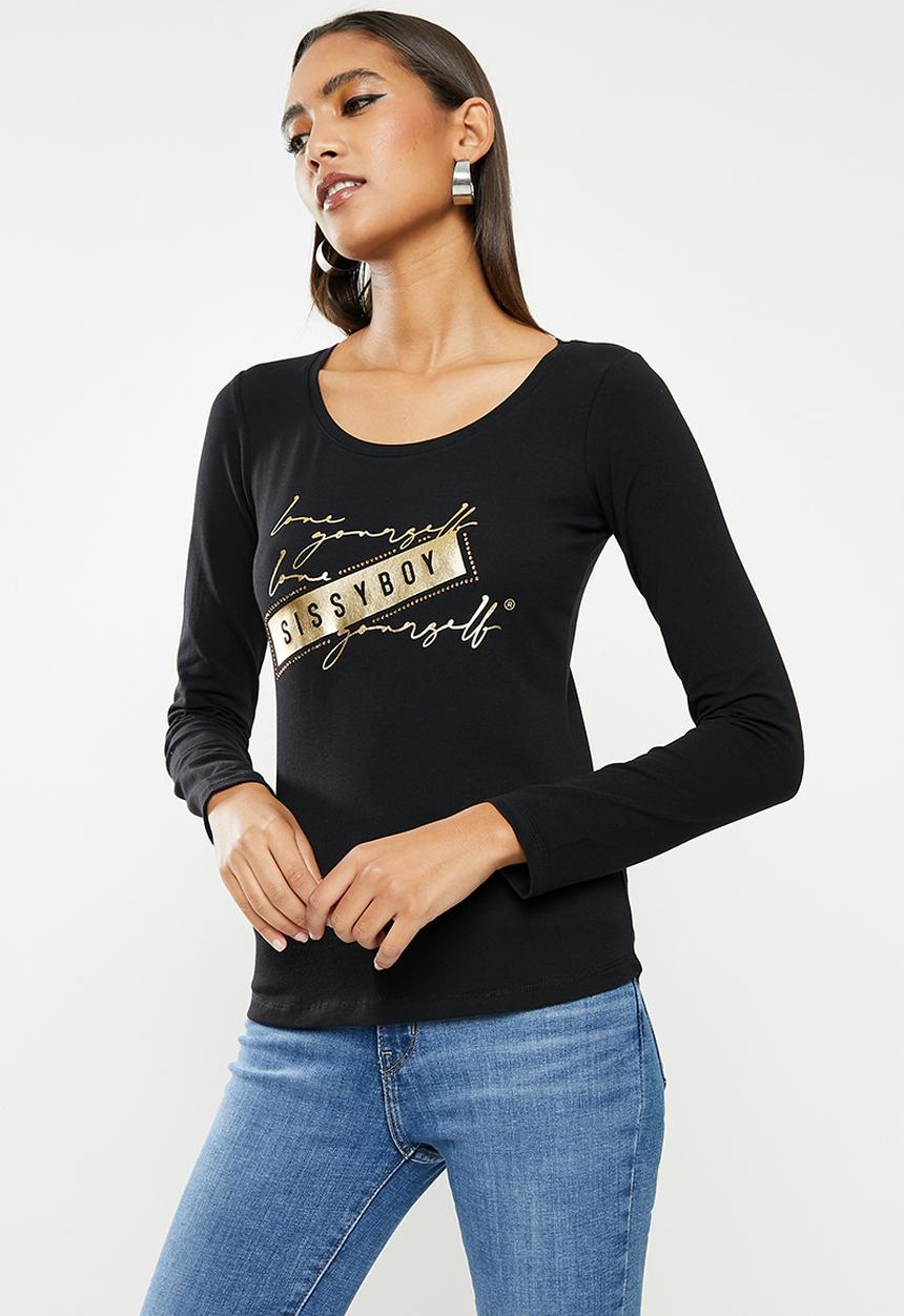 SISSY BOY - Basic round neck fitted long sleeve top with mixed print - black